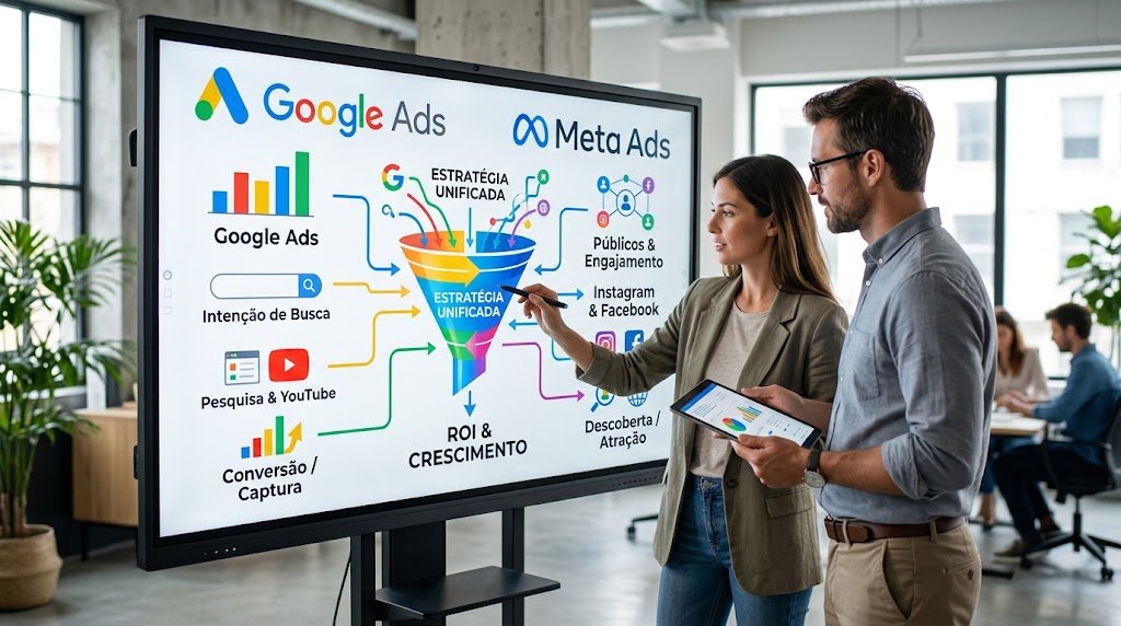 Ilustração da união estratégica entre Google Ads e Meta Ads